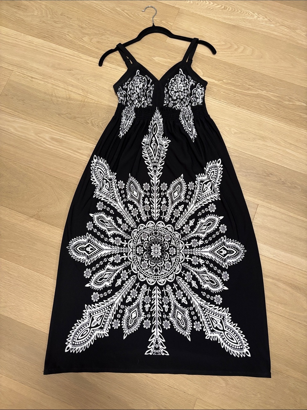 Point Zero (S) Black Midi Dress White Paisley Print White Smocking Sundress - Picture 6 of 14